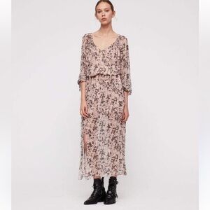 ALL SAINTS Chesca Chiffon pink petal maxi dress off the shoulder drop waist M